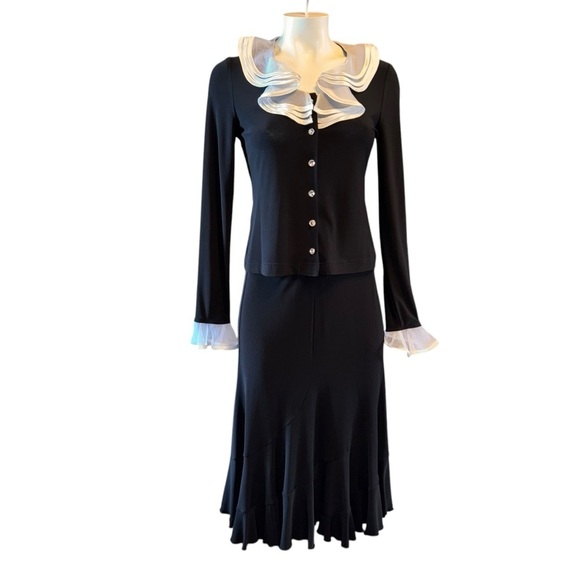 Joseph Ribkoff Black & White Midi Trumpet Skirt Shirt Set Ruffle Collar & Sleeve - Picture 2 of 10